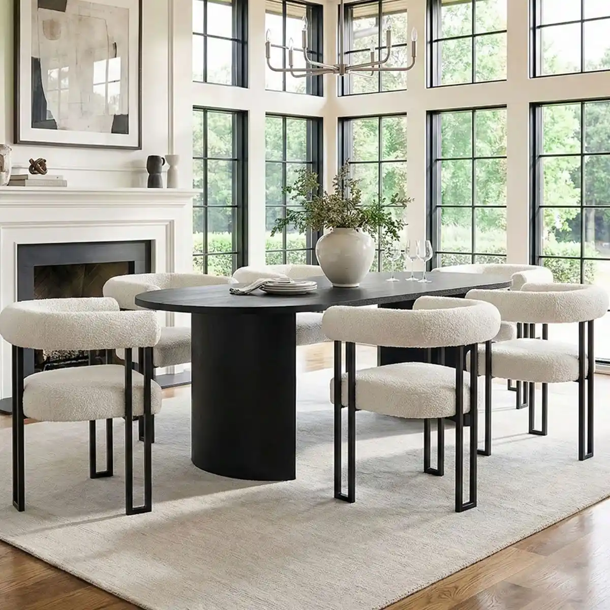 Black Oval 6-Person Barrel-Chair Dining Set