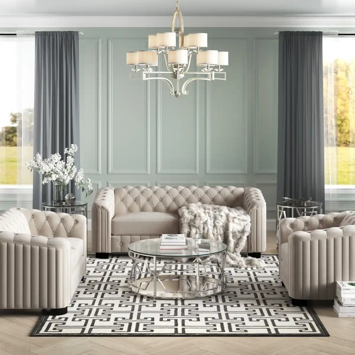 Taupe Velvet Chesterfield Sofa Set