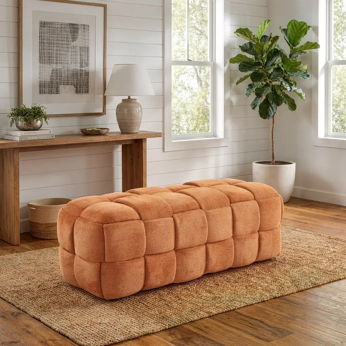 Terracotta Basket-Weave Bench Ottoman
